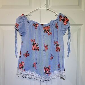 𝅺no Boundaries Off Shoulder Blue & White Striped and Floral Blouse